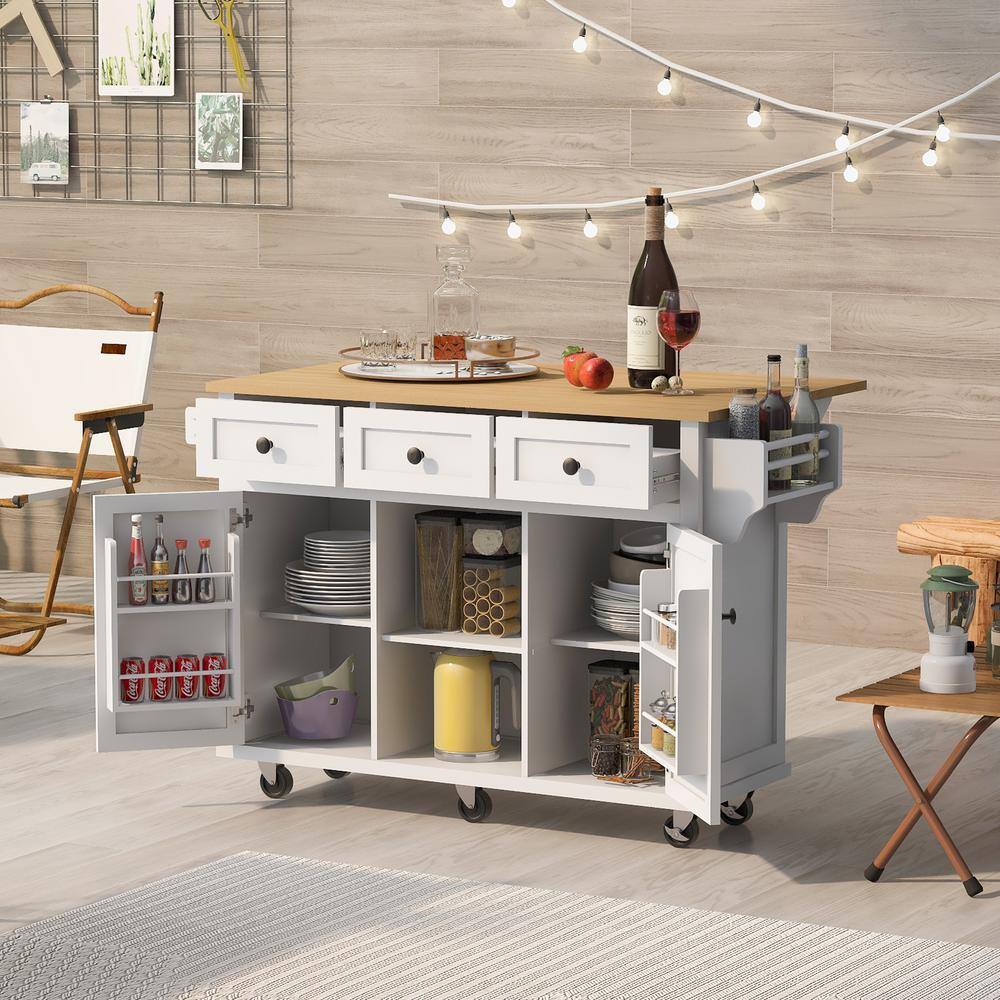 White Foldable Rubber Wood Drop-Leaf Countertop 53.1 in. W Kitchen Island o