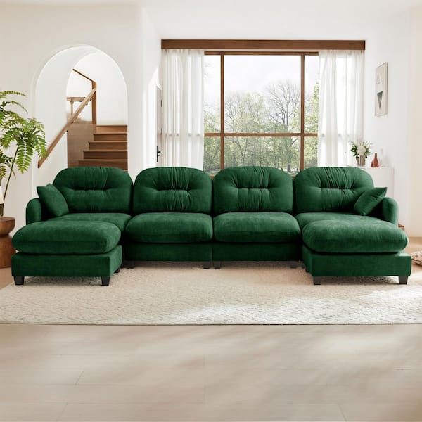 Tobias 140 in. Chenille Upholstered Cloud U Shaped Sectional Sofa in Green with 2 Ottomans, 2-Pillows