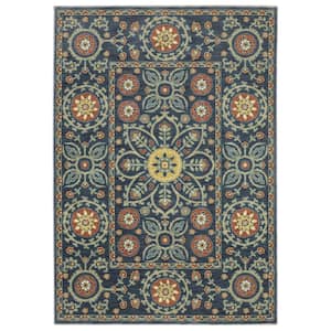 Fleetwood Blue Doormat 3 ft. x 5 ft. Oriental Floral Medallion Polypropylene Fringe Edge Indoor Area Rug