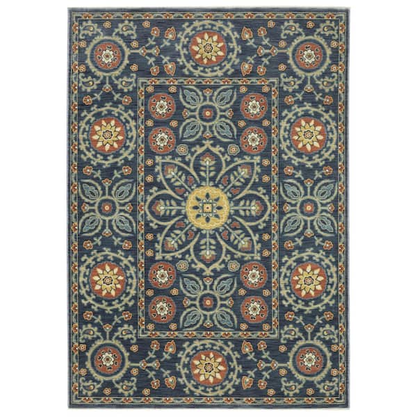 AVERLEY HOME Fleetwood Blue/Orange 7 ft. x 10 ft. Oriental Floral Medallion Polypropylene Fringe Edge Indoor Area Rug