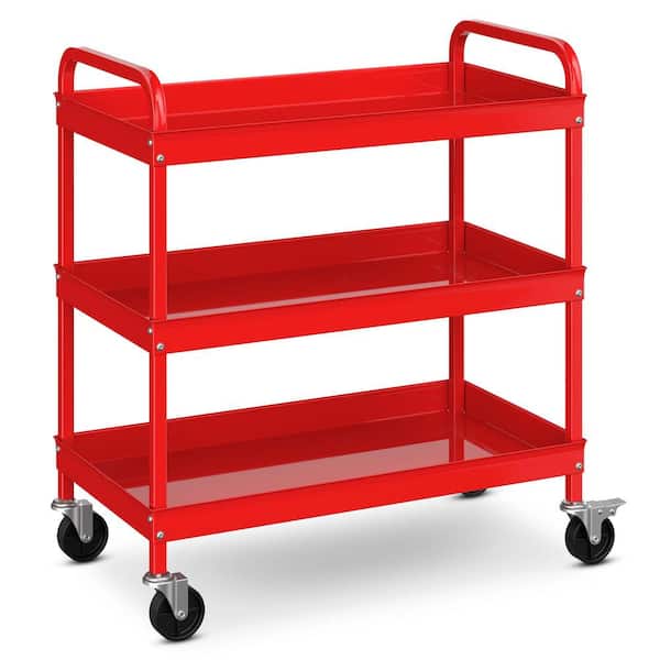 Costway 3-Tier Metal Utility Cart 400 lbs. Storage Service Trolley Tool Storage in Red