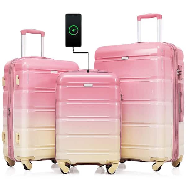 3-Piece Pink ABS Plastic Hardside Spinner Luggage Set with USB Port, Airline Certified Carry-On and 360-Degree Wheels