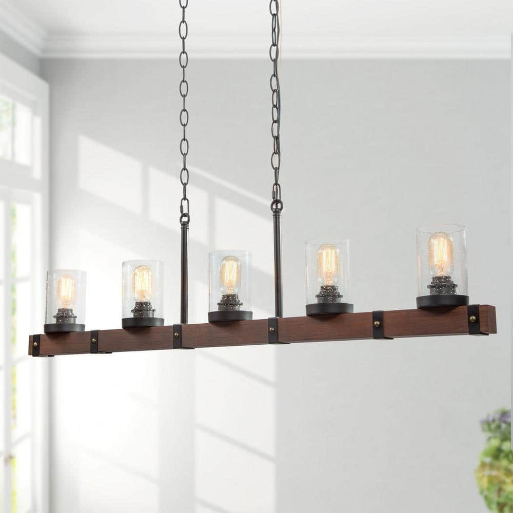 LNC Wood Rectangular Chandelier, 43 in. Large 5-Light Linear