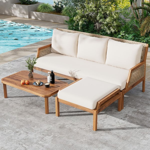 CHRISTOPHER KNIGHT HOME Vero 3-Piece Outdoor PE Rattan and Acacia Wood Patio Conversation Set with Cream Cushions, Ottoman, Brown