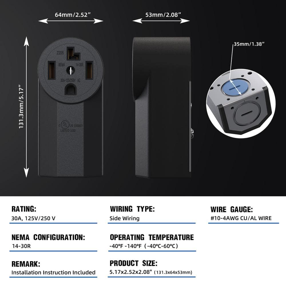 Black Thermoplastic 30A Tamper Resistant Single Outlet