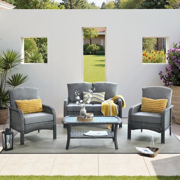 Hot Sale Gray 4-Piece Wicker Outdoor Lounge Chair Patio Seating Set with Dark Gray Cushion and Coffee Table for Backyard