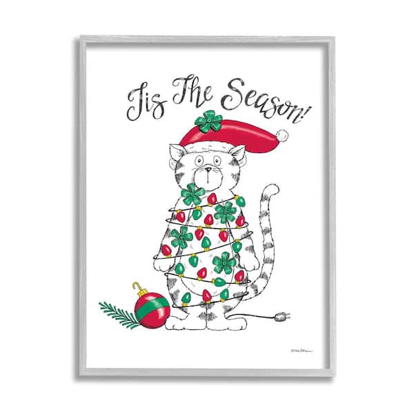 Stupell Industries Tis the Season Cat by Deb Strain 1 Piece Framed Graphic Print Animal Poster Art Print 20 in. x 16 in.