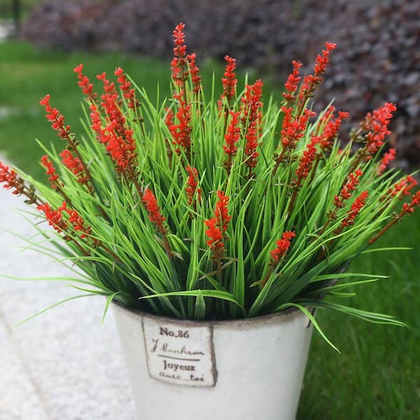 12 Bundles 14.1 in. Green Artificial Monkey Grass with Red Flowers
