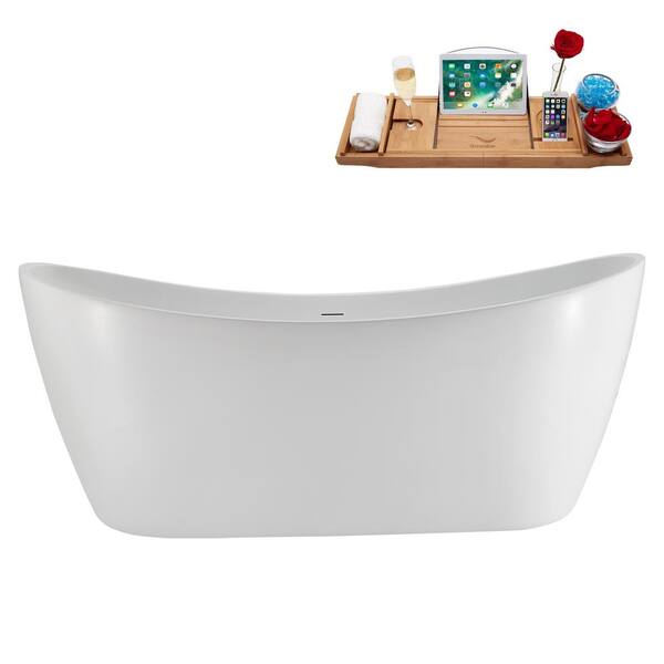Streamline 67 in. x 32 in. Acrylic Freestanding Soaking Bathtub in Glossy White with Brushed GunMetal Drain, Bamboo Tray