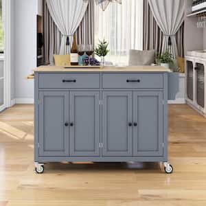 Gray Solid Wood 54.3 in. Kitchen Island with 4-Doors Cabinet and 2-drawers, Spice Rack, Towel Rack