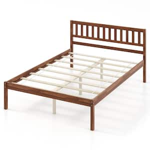 Brown Wood Frame Full Platform Bed Headboard Solid Wood Leg Mattress Foundation Walnut