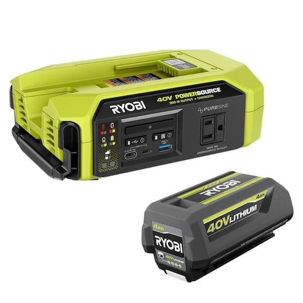 Ryobi 40V 300-Watt Portable Battery Inverter Power Source w/ 4.0 Ah Battery