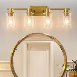Farmhouse 27.36 in. 4-Light Gold Modern Industrial Indoor Vanity Light with Clear Glass Shades, Bulbs Not Included