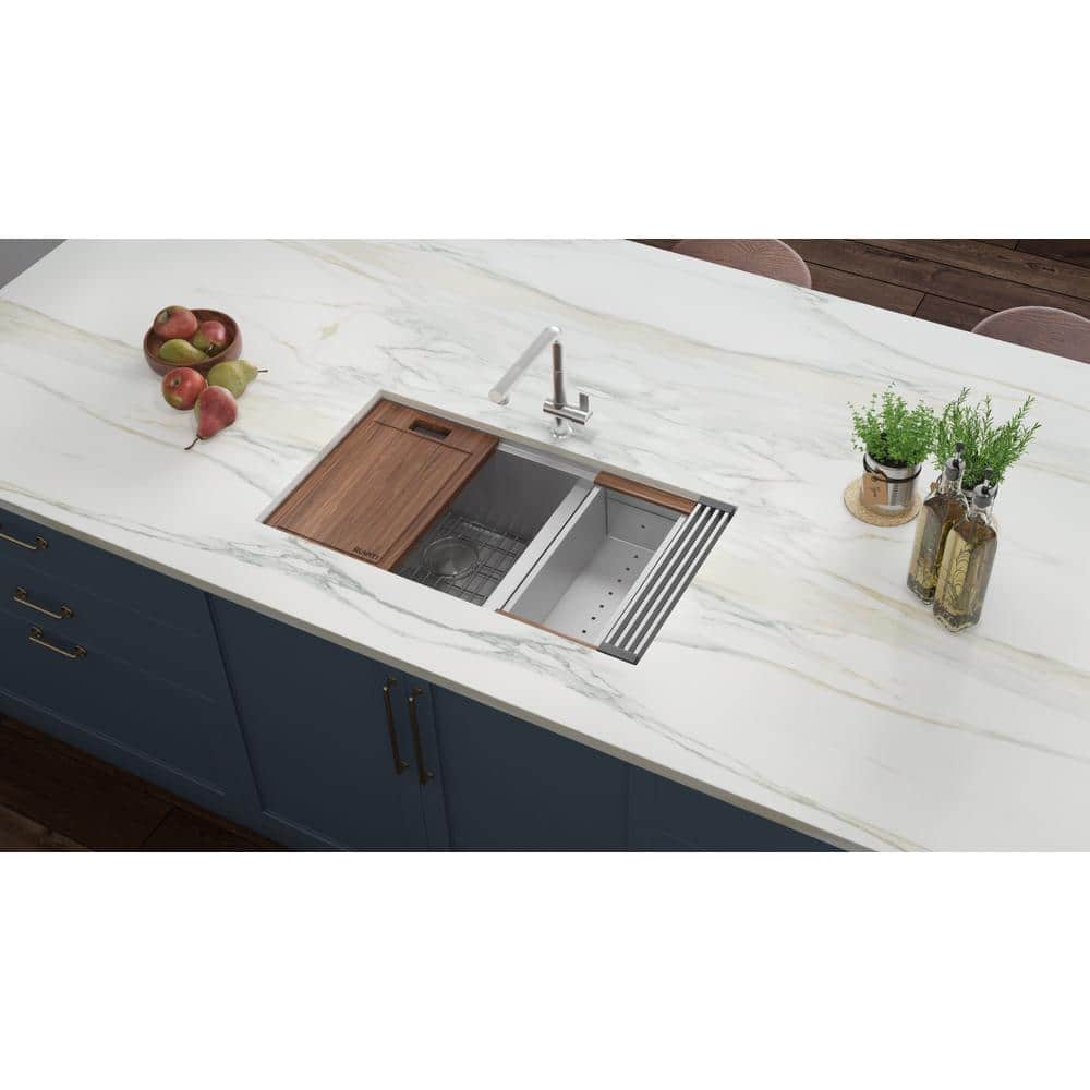 Roma 36-Inch Stainless Steel Double Bowl Workstation Sink with Hardwood Accessories