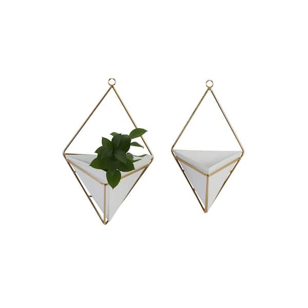 13in. Medium White Metal Geometric Indoor Outdoor Triangle Wall Planter (2- Pack)