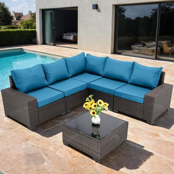 Runesay 6 Piece All-Weather Wicker PE rattan Patio Outdoor Conversation Sectional Set with Peacock Blue Cushions Coffee Table