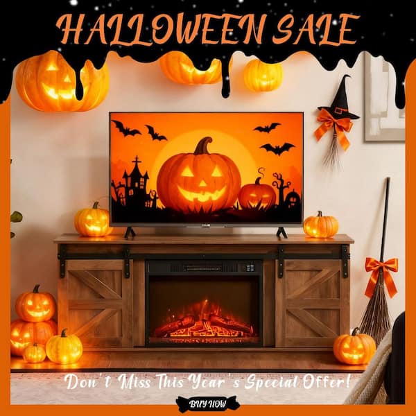 58 in. W Freestanding Electric Fireplace TV Stand with Farmhouse Sliding Barn Doors in Brown