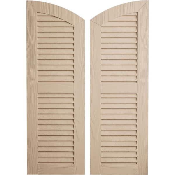 Ekena Millwork 18 x 48 in. Timberthane Polyurethane Sandblasted 2-Equal Louvered with Elliptical Top Faux Wood Shutters Pair in Primed