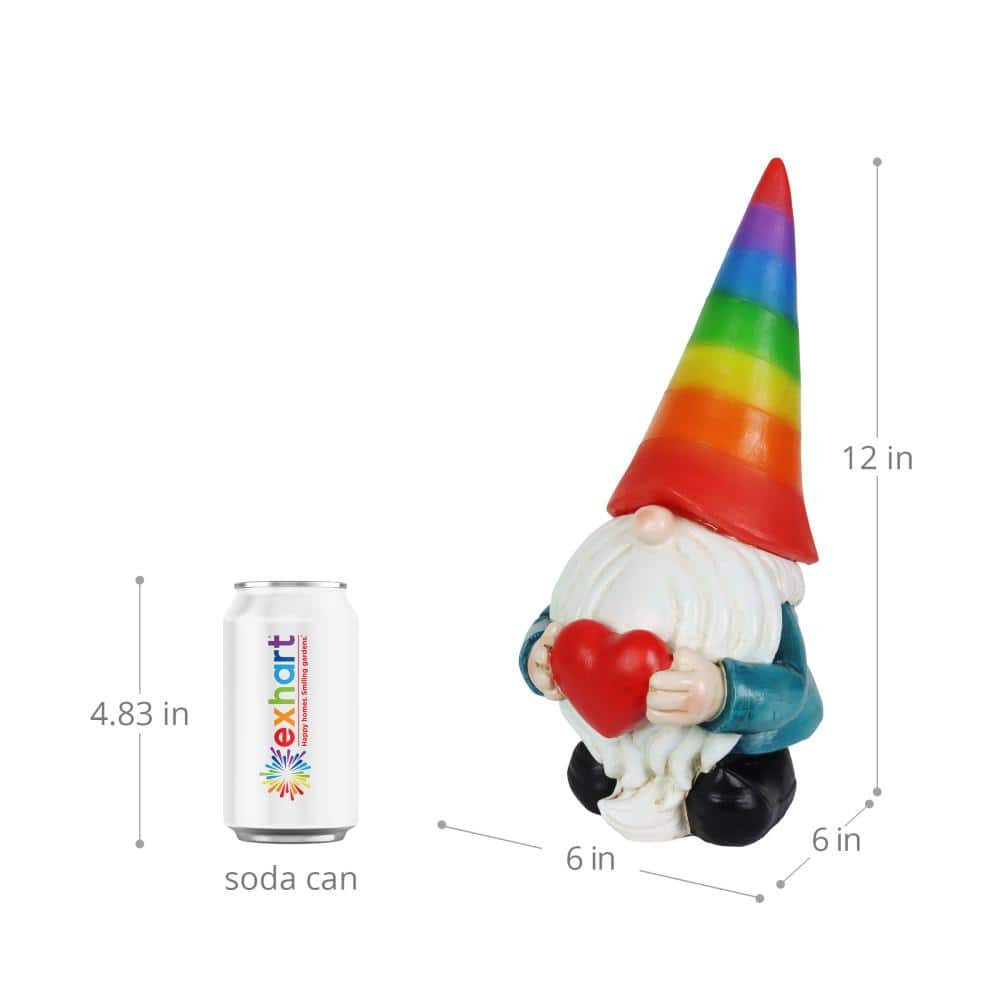 Solar Rainbow Hat Garden Gnome with Heart, 6 x 12.5 Inches