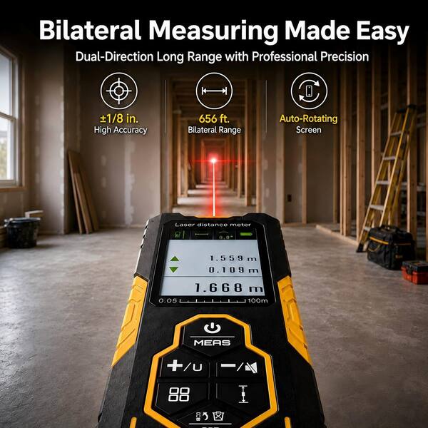 656 ft. Bidirectional Laser Distance Measure with Multi-Modes, Rechargeable Battery and Auto-Rotating Display