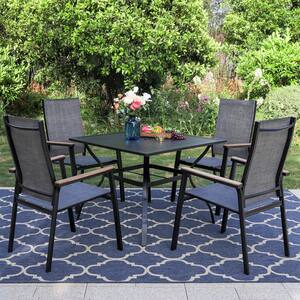 Black 5-Piece Metal Outdoor Patio Dining Set with Slat Square Table and Stackable Aluminum Chairs