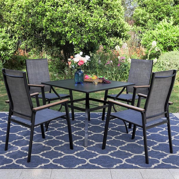 PHI VILLA Black 5-Piece Metal Outdoor Patio Dining Set with Slat Square Table and Stackable Aluminum Chairs
