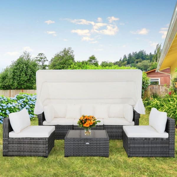 6-Piece Rattan Metal Patio Conversation Set with Retractable Canopy Outdoor Wicker Sofa Set with Cushion in Off White