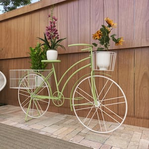 35 in. Green Metal Bike Indoor Outdoor Plantstand with Basket and Saddle Bag Planters