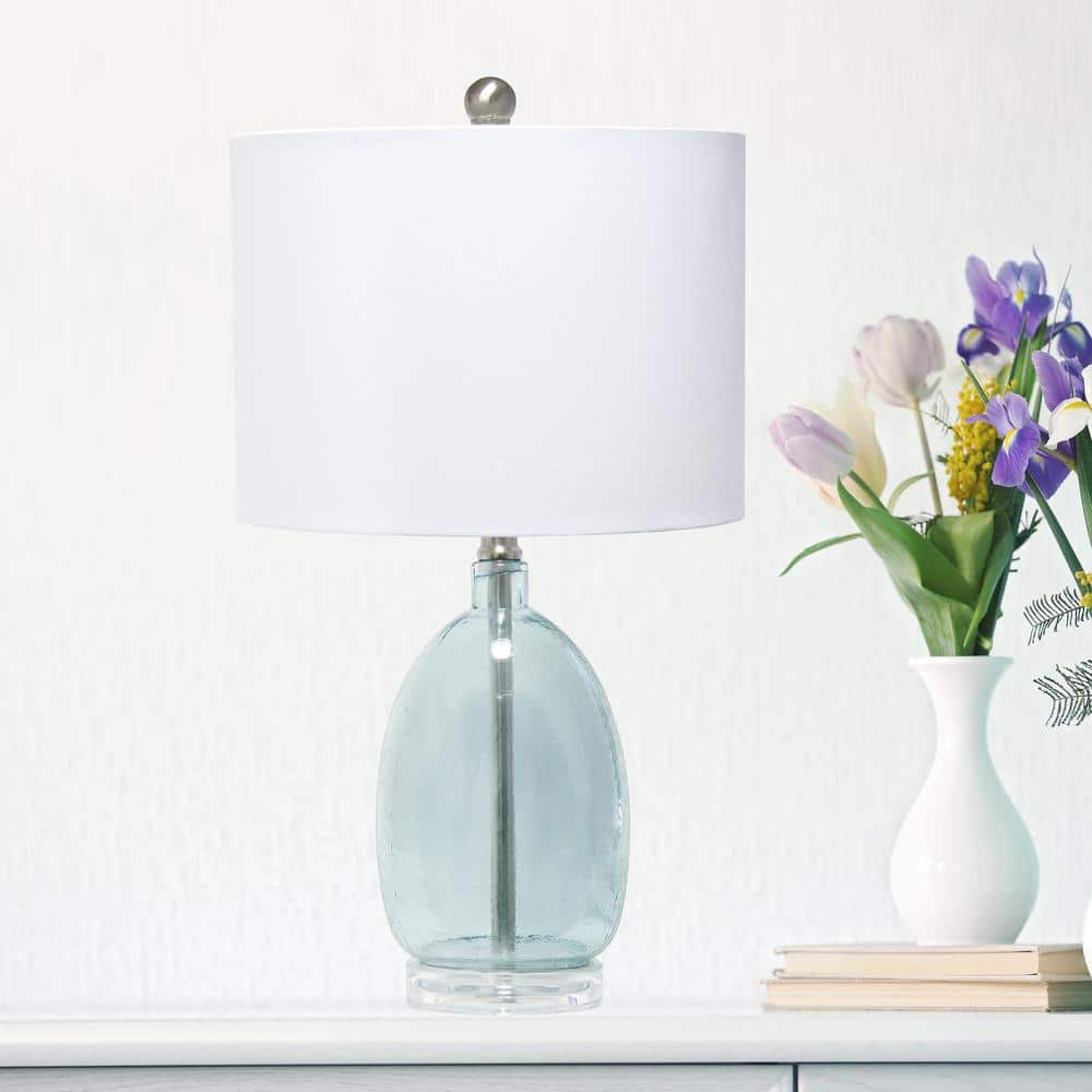Clear Blue Glass Nightstand Lamp with White Barrel Shade