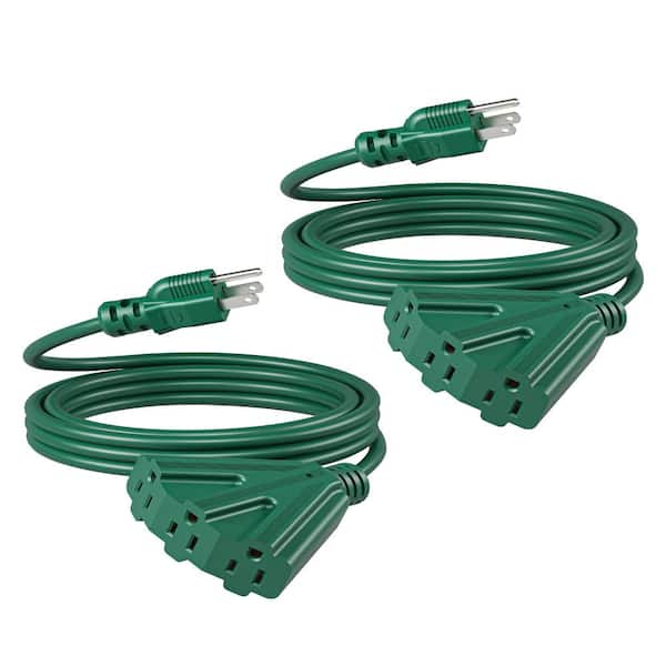10 Ft Outdoor Tri-Tap Extension Cord Splitter 16/3 SJTW 13A 125V ETL Listed Green Pack of 2 for Landscape