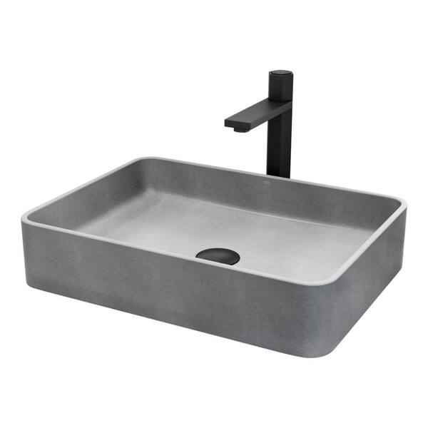 VIGO Concreto Stone Rectangular Bathroom Sink with Vessel Faucet in Matte Black