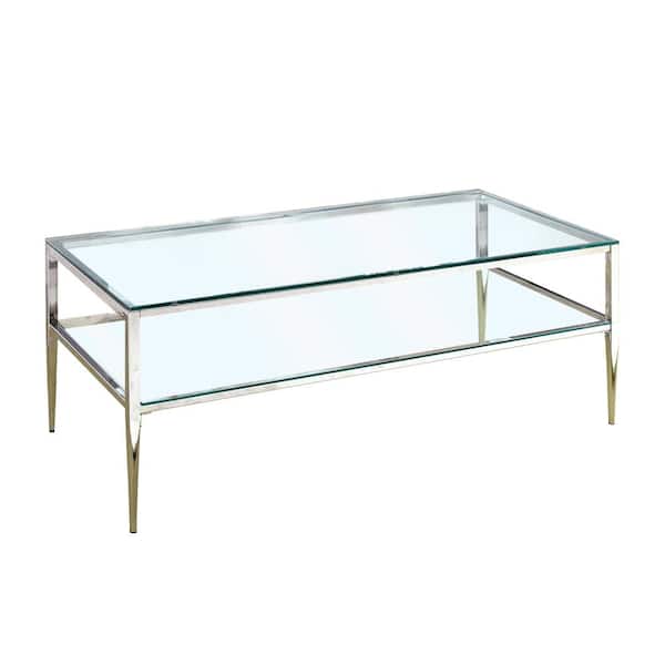 Tanika 48 in. Chrome Large Rectangle Glass Coffee Table with Shelf