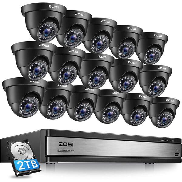 ZOSI H.265+ 16-Channel 1080p 2TB DVR Security Camera System with 16 Wired Bullet Cameras, Night Vision, Human Detection