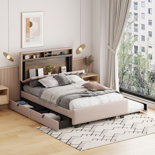 Beige Wood Frame Full Size Linen Platform Bed with Storage Headboard, Twin Size Trundle, Drawers, Sockets and USB Ports