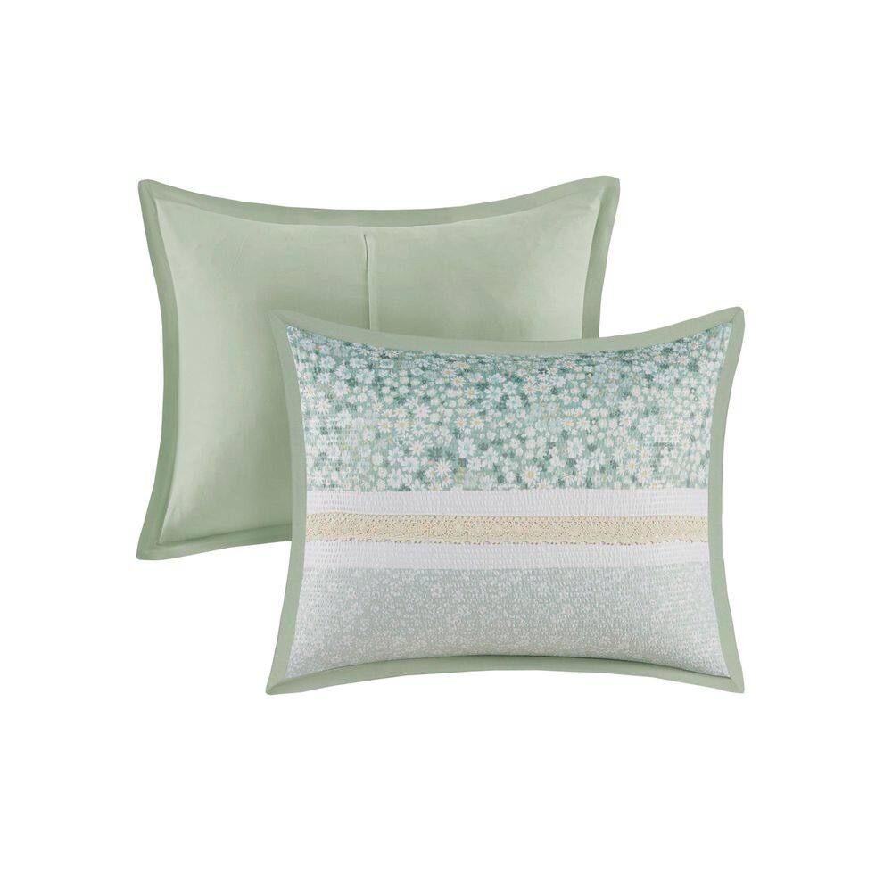 Green Seersucker Floral Full Comforter Set with Throw Pillows