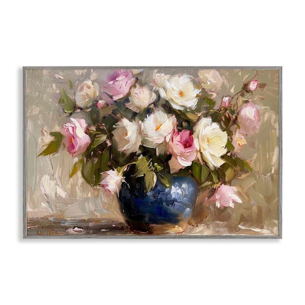 Stupell Industries Painterly Vase of Roses by LSR Design Studio Gray Framed Nature Giclee Art Print 12 in. x 18 in.