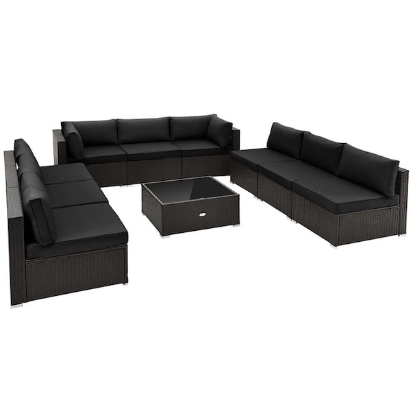 Costway 10-Piece Metal Wicker Outdoor Sectional Set with Black Cushions Outdoor Wicker Sofa Table