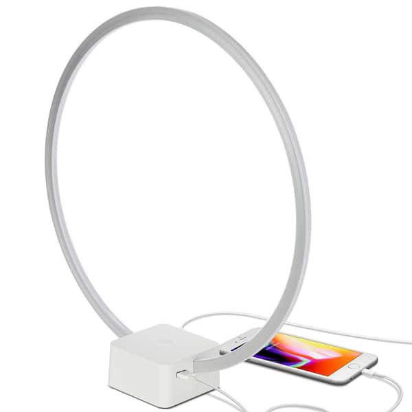 Brightech Circle 15 in. White Industrial Integrated LED Arched/Arc Table Lamp with Built-In 3-Way Dimmer