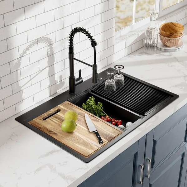 33 in. Drop-in Double Bowl 18 Gauge Black Stainless Steel Workstation Kitchen Sink