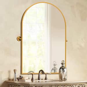 24 in. W x 31.5 in. H Modern Arch-Top Metal Framed Gold Pivoted Wall Vanity Mirror
