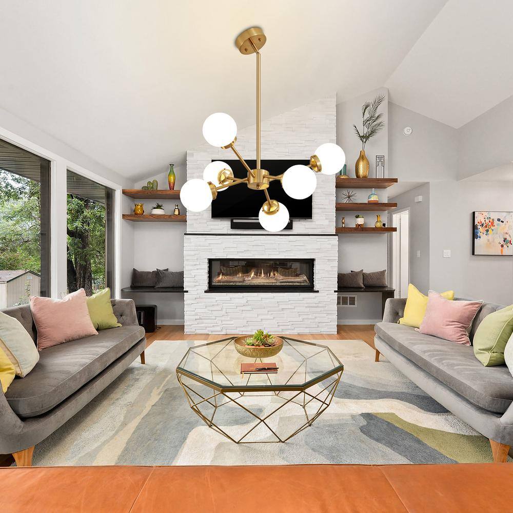 Adjustable Brass Sputnik Chandelier with Milk Glass Shades