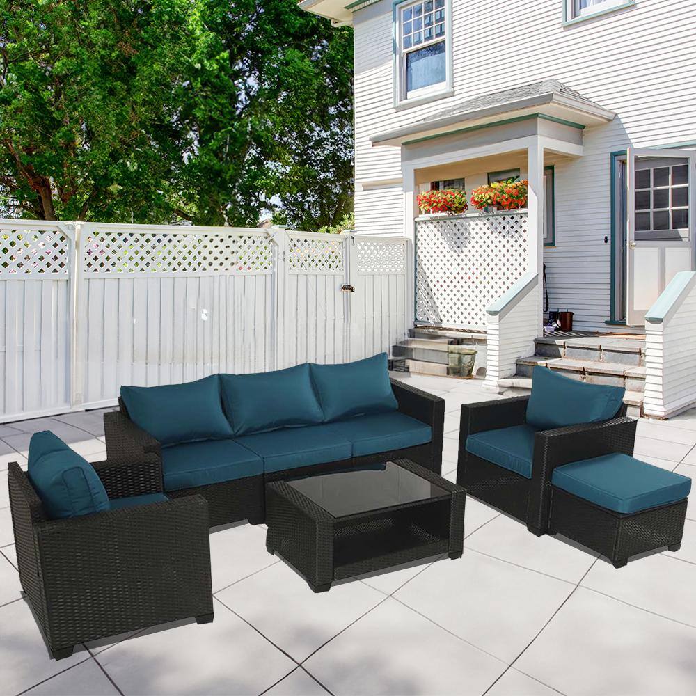 Outdoor Brown 7-Piece Wicker Patio Conversation Set with Blue Cushions price history on PriceWatchPro