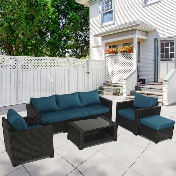 Runesay Outdoor Brown 7-Piece Wicker Patio Conversation Set with Blue Cushions