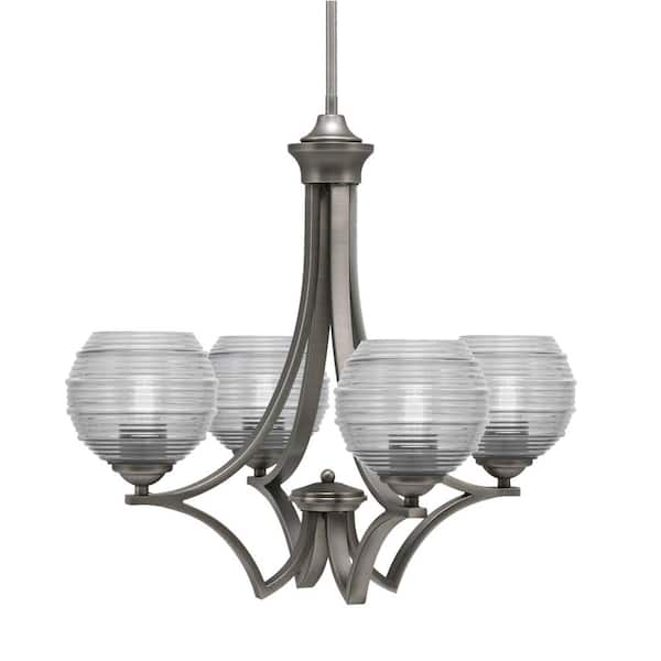 Unbranded Clevelend 4-Light Graphite Round Chandelier with 6 in. Clear Ribbed Glass Shades, No bulbs included
