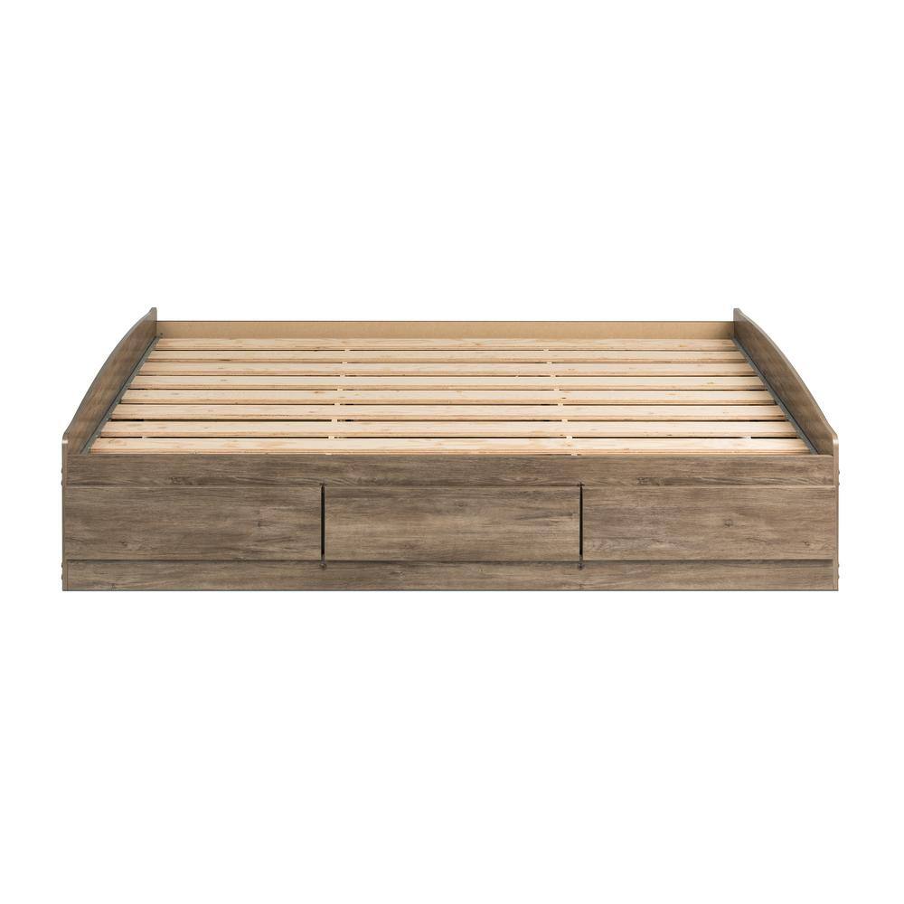 Queen Drifted Gray Wood Platform Storage Bed with 6 Drawers