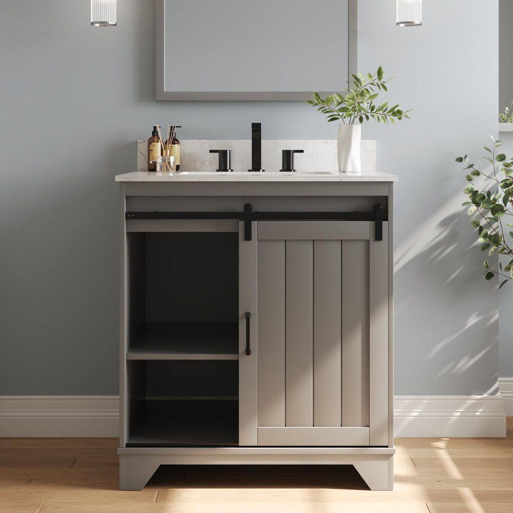Gray 30" Freestanding Bathroom Vanity with Ceramic Sink and Storage Baskets