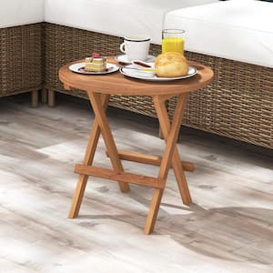 Indonesia Teak Wood Round Folding Outdoor Side Table Slatted Tabletop Portable Camping