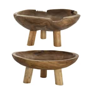 Teak Footed Round Bowls 11.8 in. Dia. x 5.9 in. Natural (Set of 2)