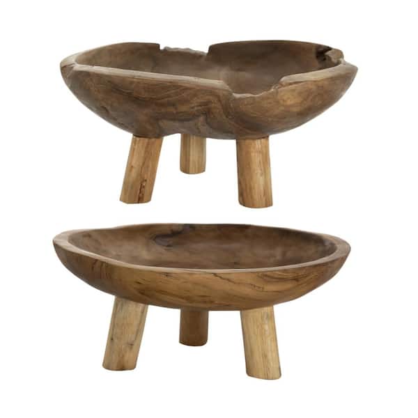 A & B Home Teak Footed Round Bowls 11.8 in. Dia. x 5.9 in. Natural (Set of 2)