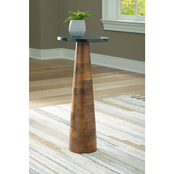 Signature Design By Ashley Quinndon 10 in. Brown Round Marble End Table with Pedestal Base and Finished
